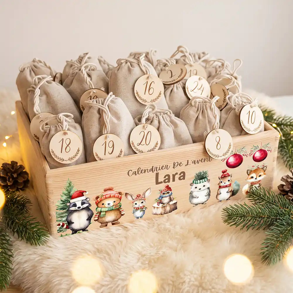 Calendrier de l'avent personnalisé, motif Blaireau et amis — Caisse garnie des 24 sachets | Kidsmood