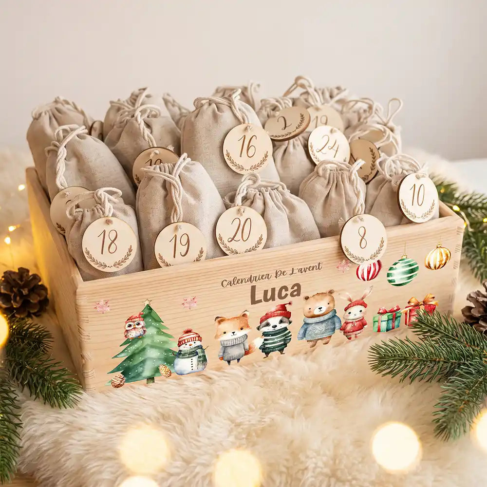 Calendrier de l'avent personnalisé, motif Bonhomme de neige — Caisse garnie des 24 sachets | Kidsmood