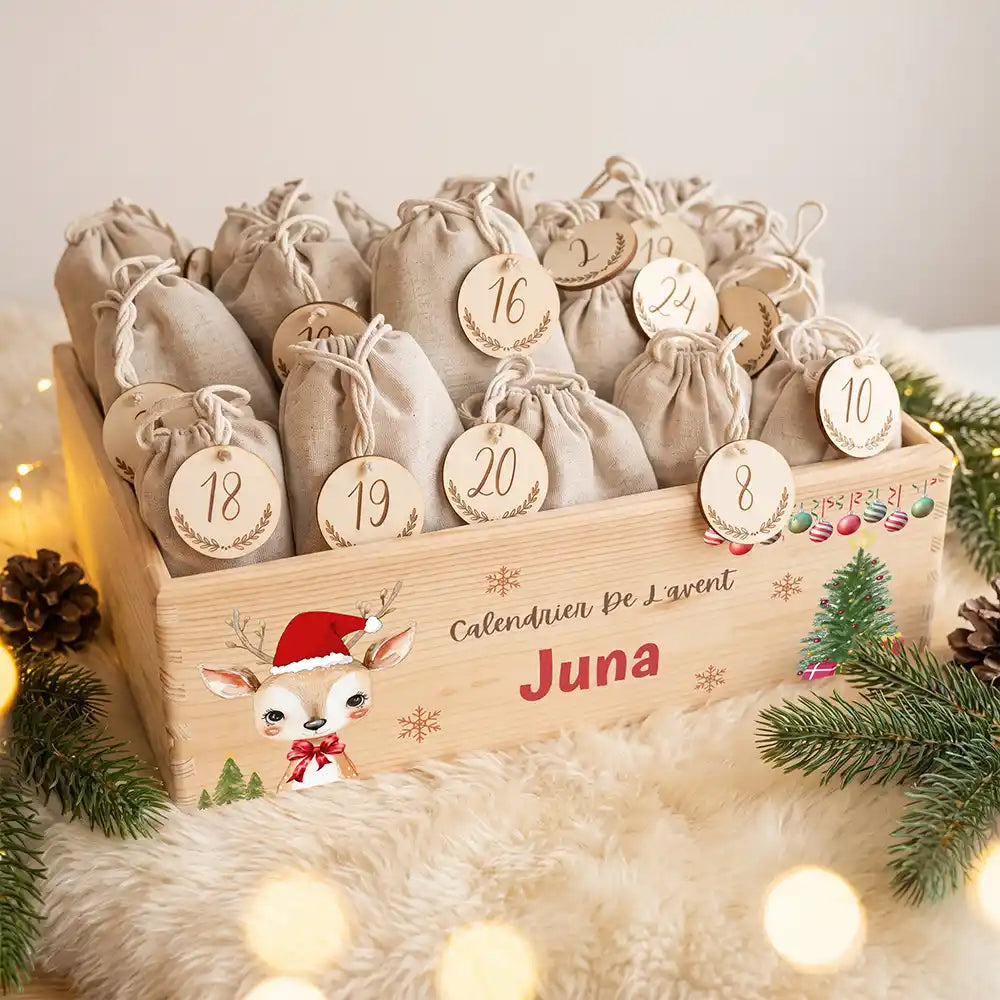 Calendrier de l'avent personnalisé, motif Faon en bonnet — Caisse garnie des 24 sachets | Kidsmood