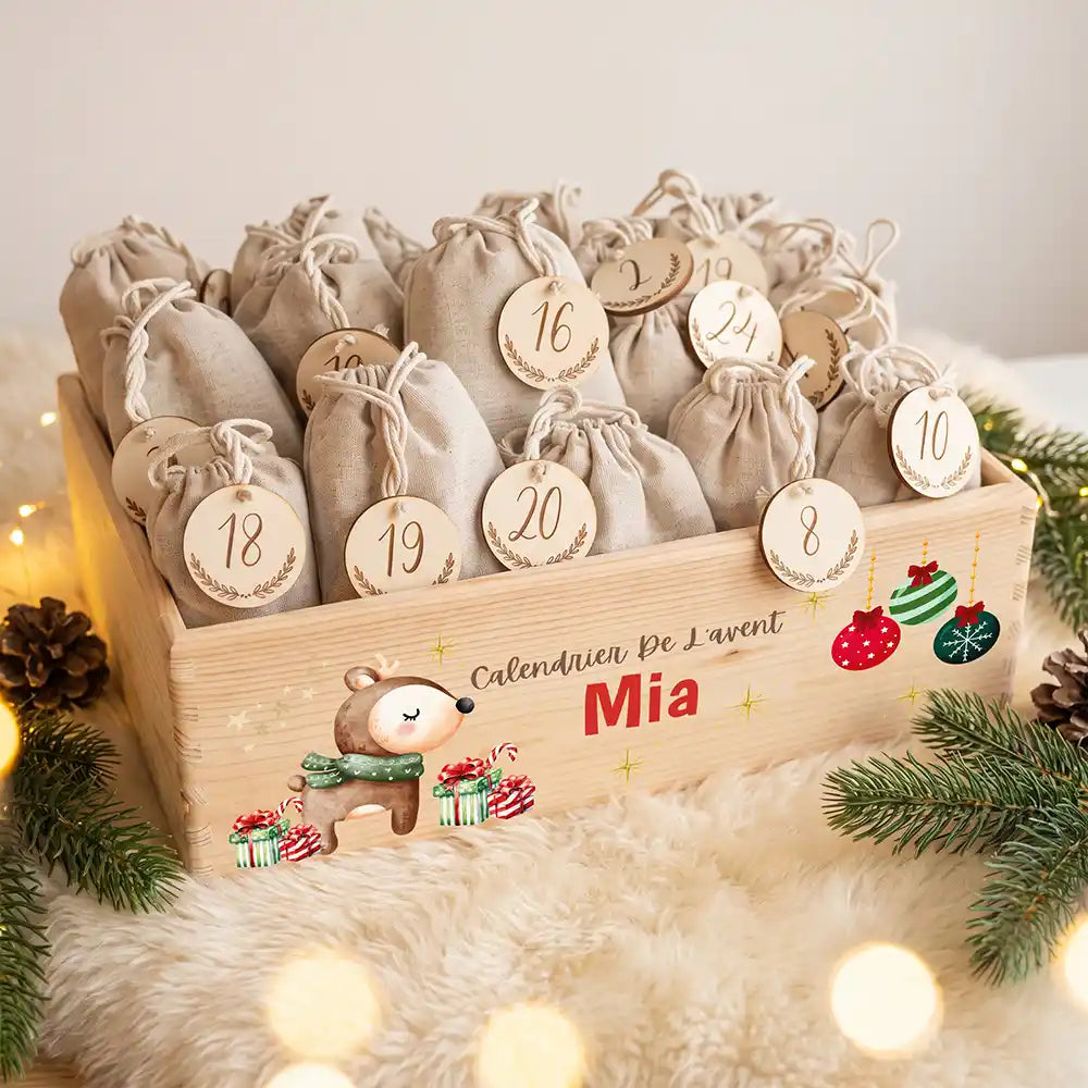 Calendrier de l'avent personnalisé, motif Faon au foulard — Caisse garnie des 24 sachets | Kidsmood