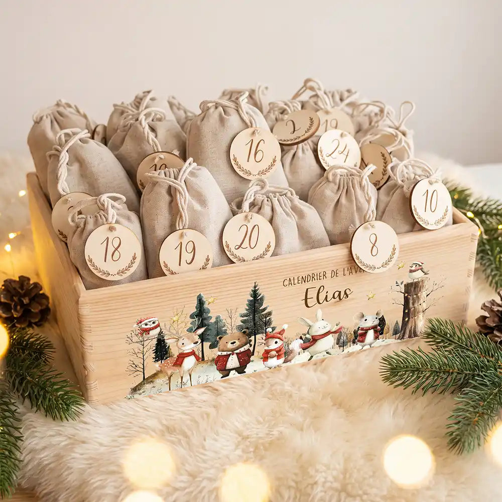 Calendrier de l'avent personnalisé, motif Forêt enneigée — Caisse garnie des 24 sachets | Kidsmood