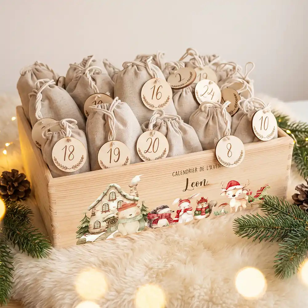 Calendrier de l'avent personnalisé, motif Maison enneigée — Caisse garnie des 24 sachets | Kidsmood