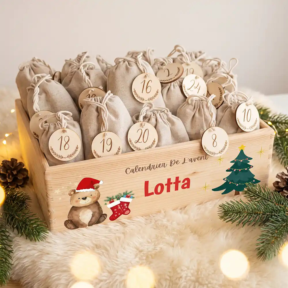 Calendrier de l'avent personnalisé, motif Ours et chaussettes — Caisse garnie des 24 sachets | Kidsmood