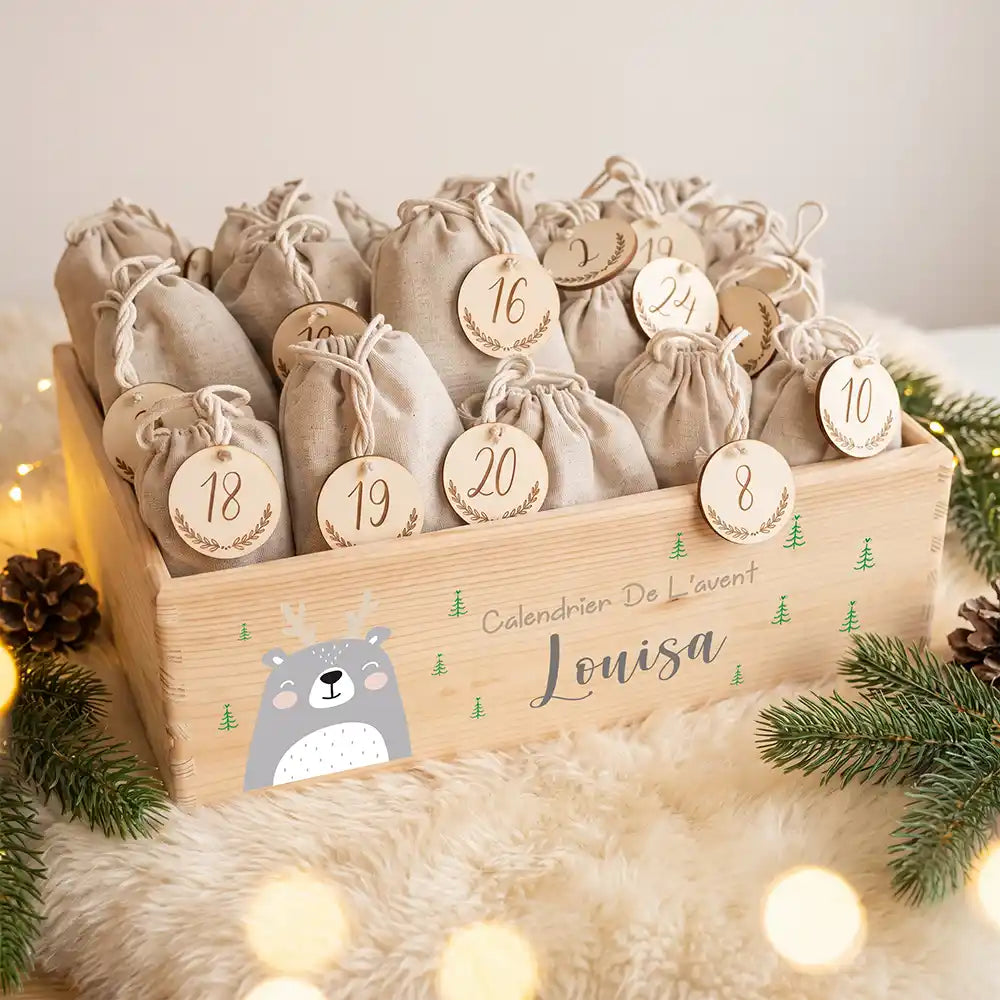 Calendrier de l'avent personnalisé, motif Ours gris — Caisse garnie des 24 sachets | Kidsmood