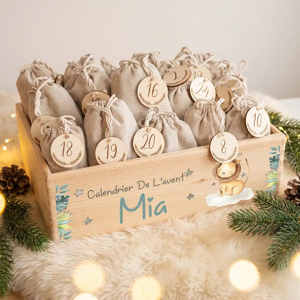 Calendrier de l'avent personnalisé, motif Petit lion — Caisse garnie des 24 sachets | Kidsmood