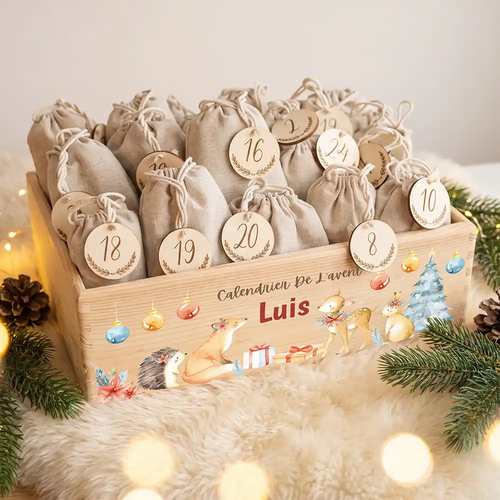 Calendrier de l'avent personnalisé, motif Renard doré — Caisse garnie des 24 sachets | Kidsmood