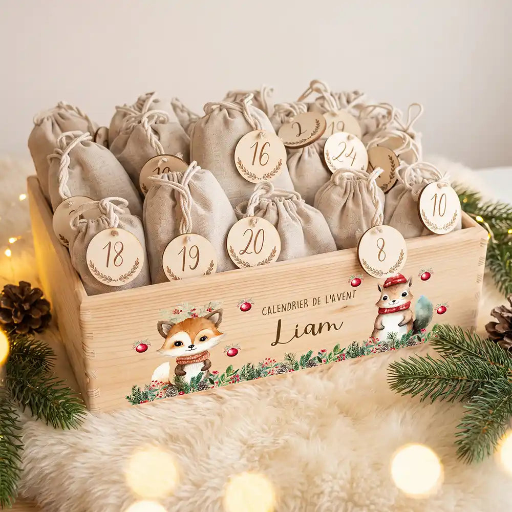 Calendrier de l'avent personnalisé, motif Renard et écureuil — Caisse garnie des 24 sachets | Kidsmood