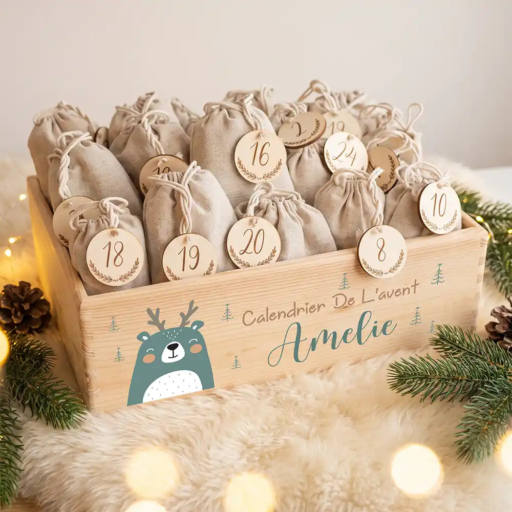 Calendrier de l'avent personnalisé, motif Renne vert — Caisse garnie des 24 sachets | Kidsmood