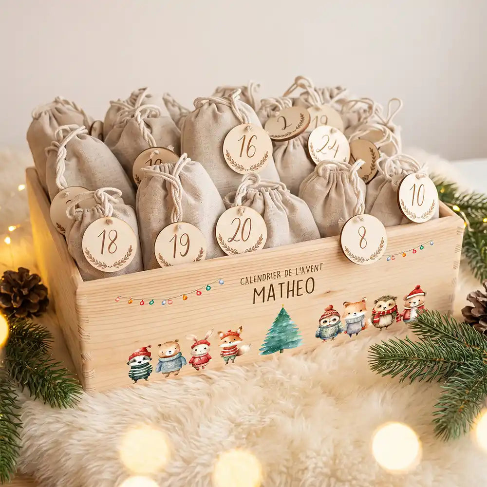 Calendrier de l'avent personnalisé, motif Ronde des animaux — Caisse garnie des 24 sachets | Kidsmood