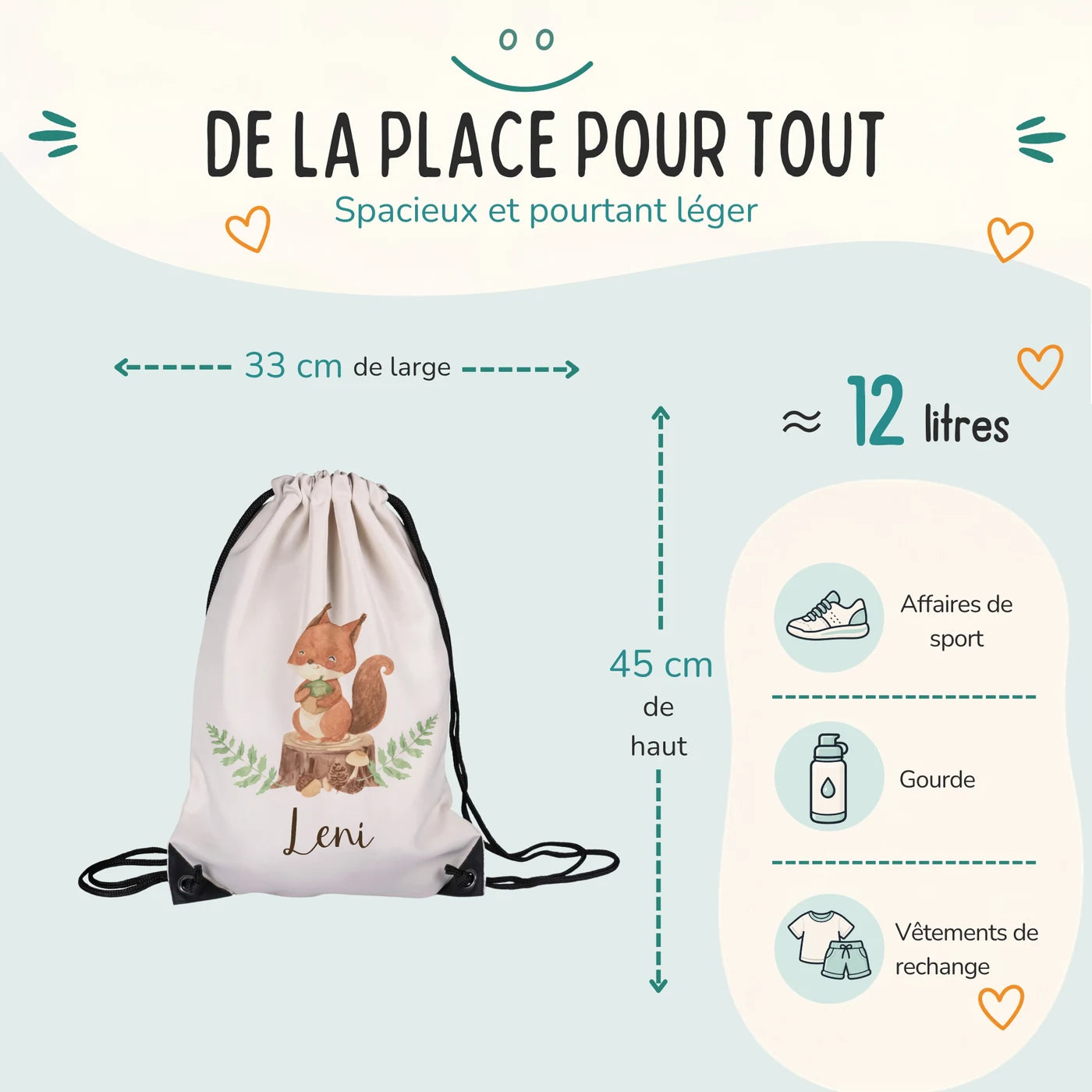 Sac de sport enfant 33 × 45 cm et environ 12 litres, motif écureuil — Kidsmood
