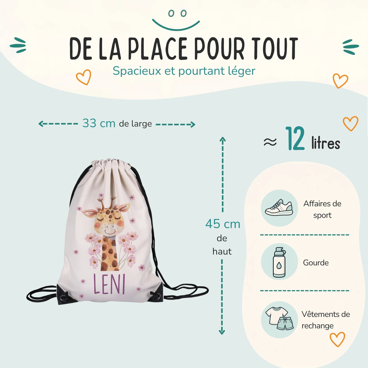 Sac de sport enfant 33 × 45 cm et environ 12 litres, motif girafe — Kidsmood