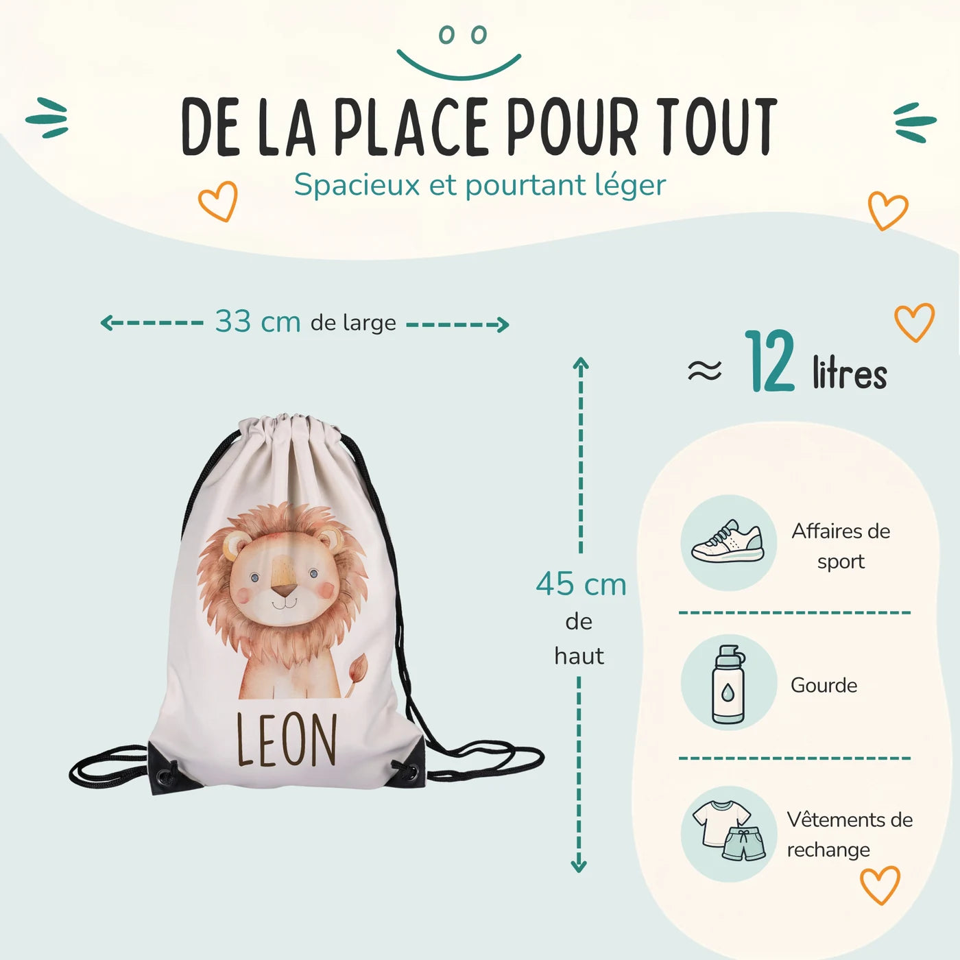 Sac de sport enfant 33 × 45 cm et environ 12 litres, motif lion — Kidsmood