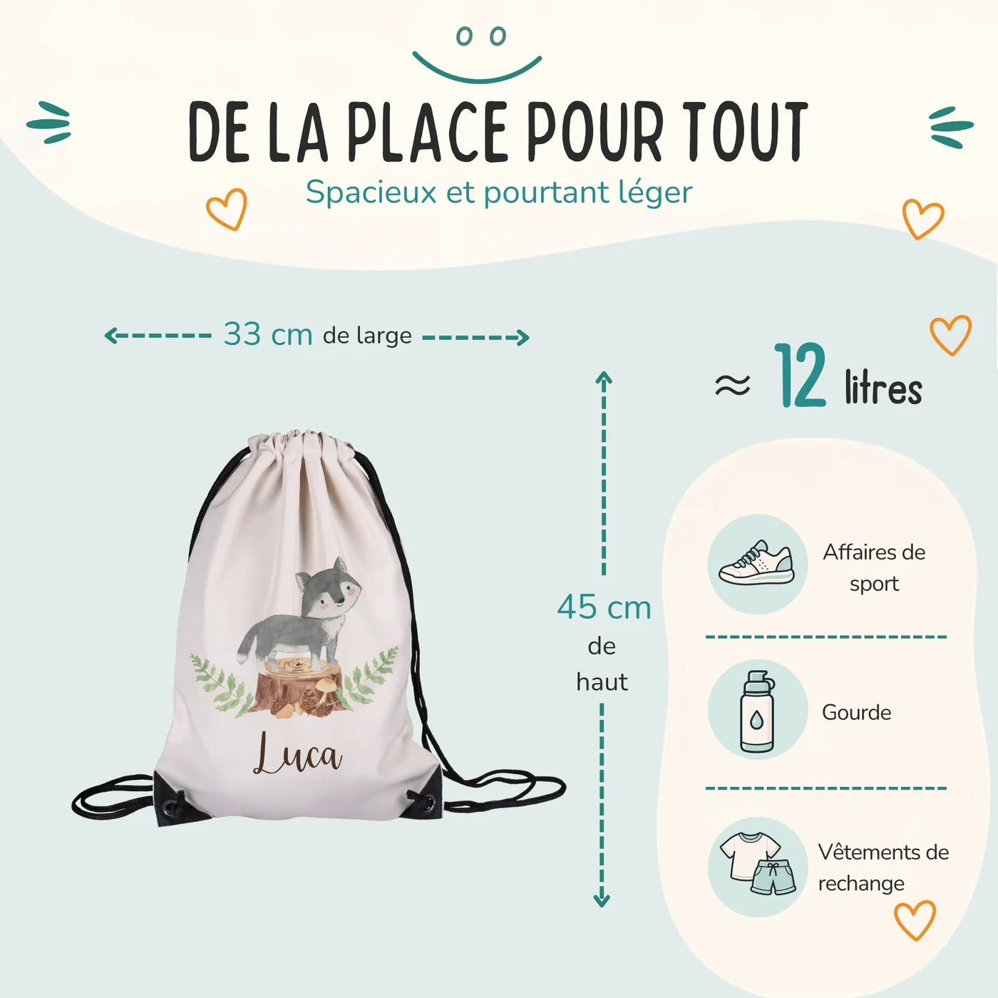 Sac de sport enfant 33 × 45 cm et environ 12 litres, motif loup — Kidsmood