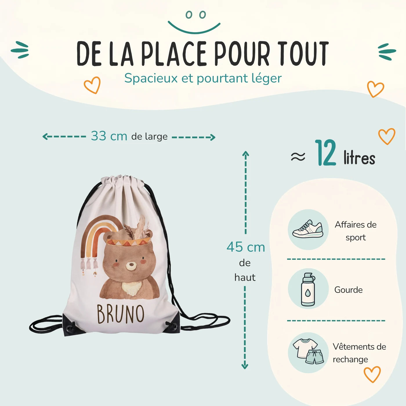 Sac de sport enfant 33 × 45 cm et environ 12 litres, motif ours bohème — Kidsmood