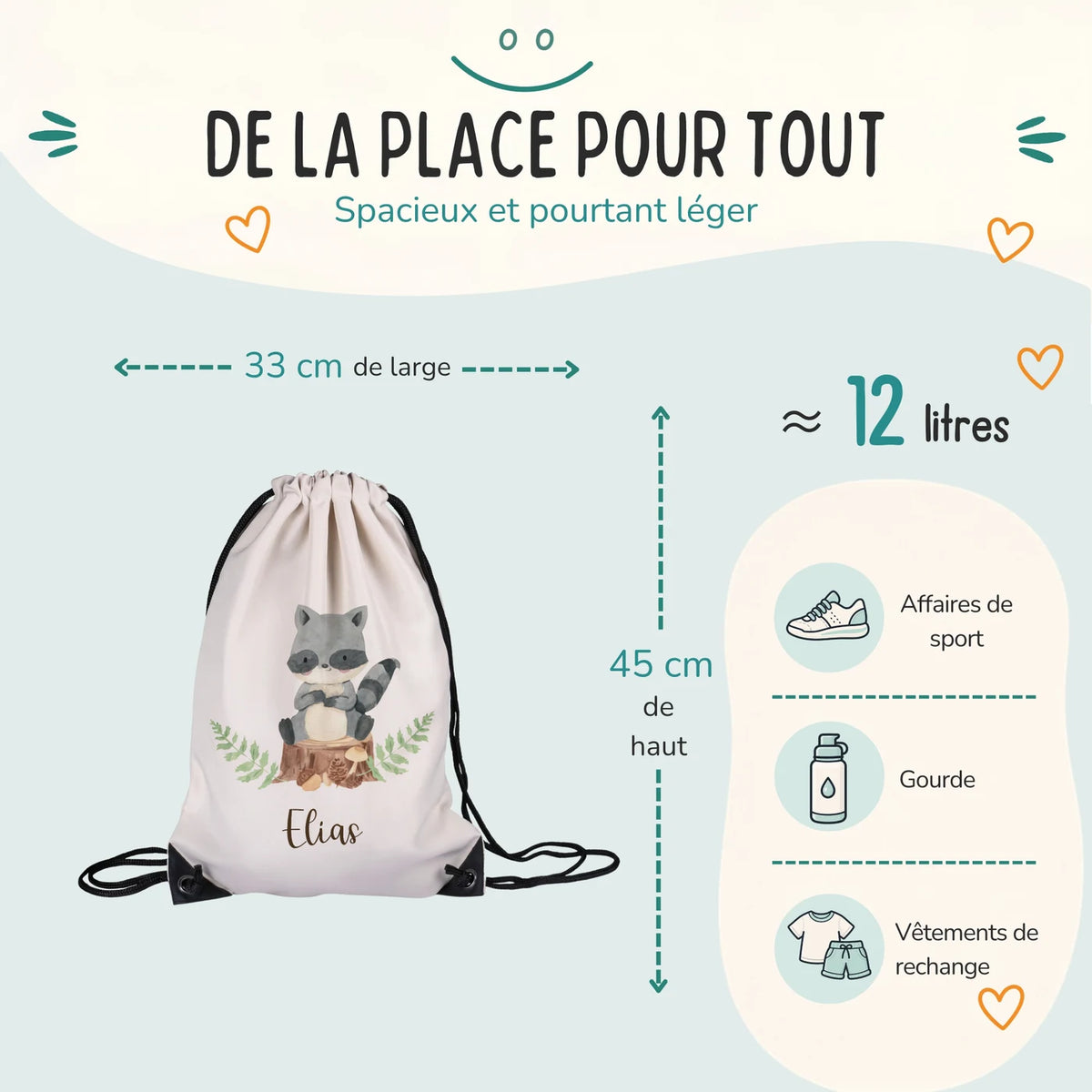 Sac de sport enfant 33 × 45 cm et environ 12 litres, motif raton laveur — Kidsmood