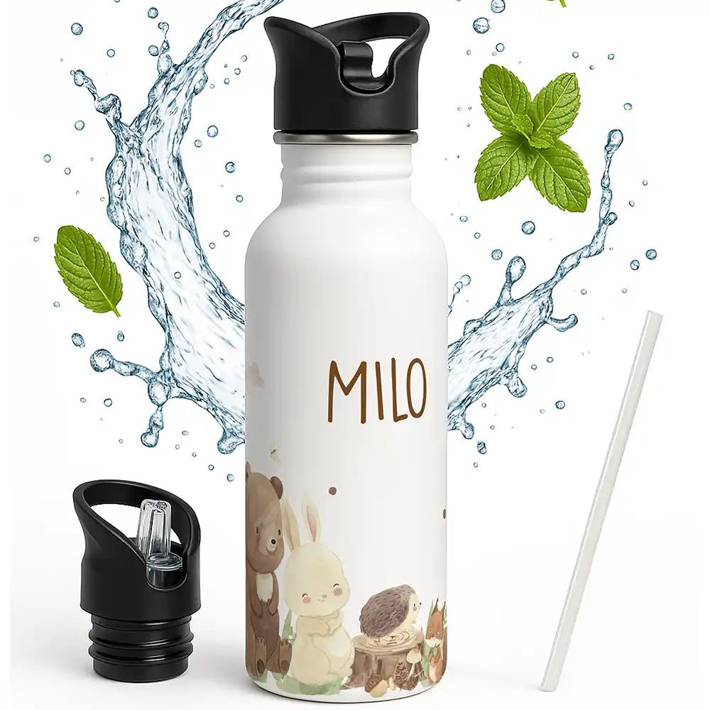 Gourde enfant personnalisée avec paille intégrée, motif Animaux de la forêt — Kidsmood