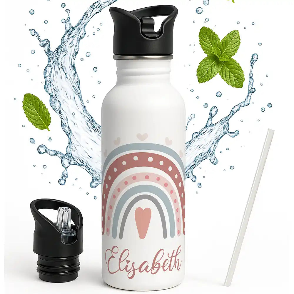 Gourde enfant personnalisée avec paille intégrée, motif Arc-en-ciel et cœur — Kidsmood