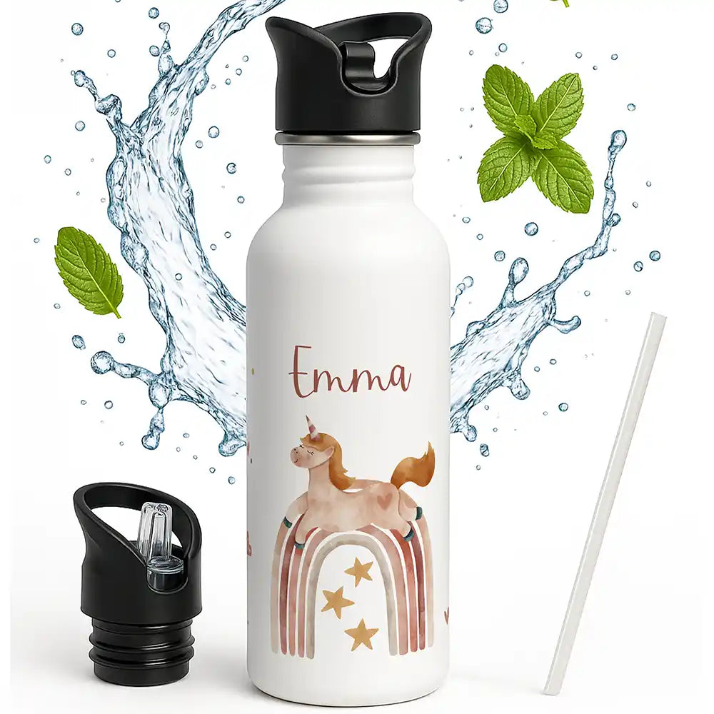 Gourde enfant personnalisée avec paille intégrée, motif Cheval et arc-en-ciel — Kidsmood