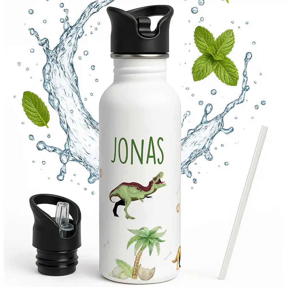 Gourde enfant personnalisée avec paille intégrée, motif Dinosaures de la jungle — Kidsmood