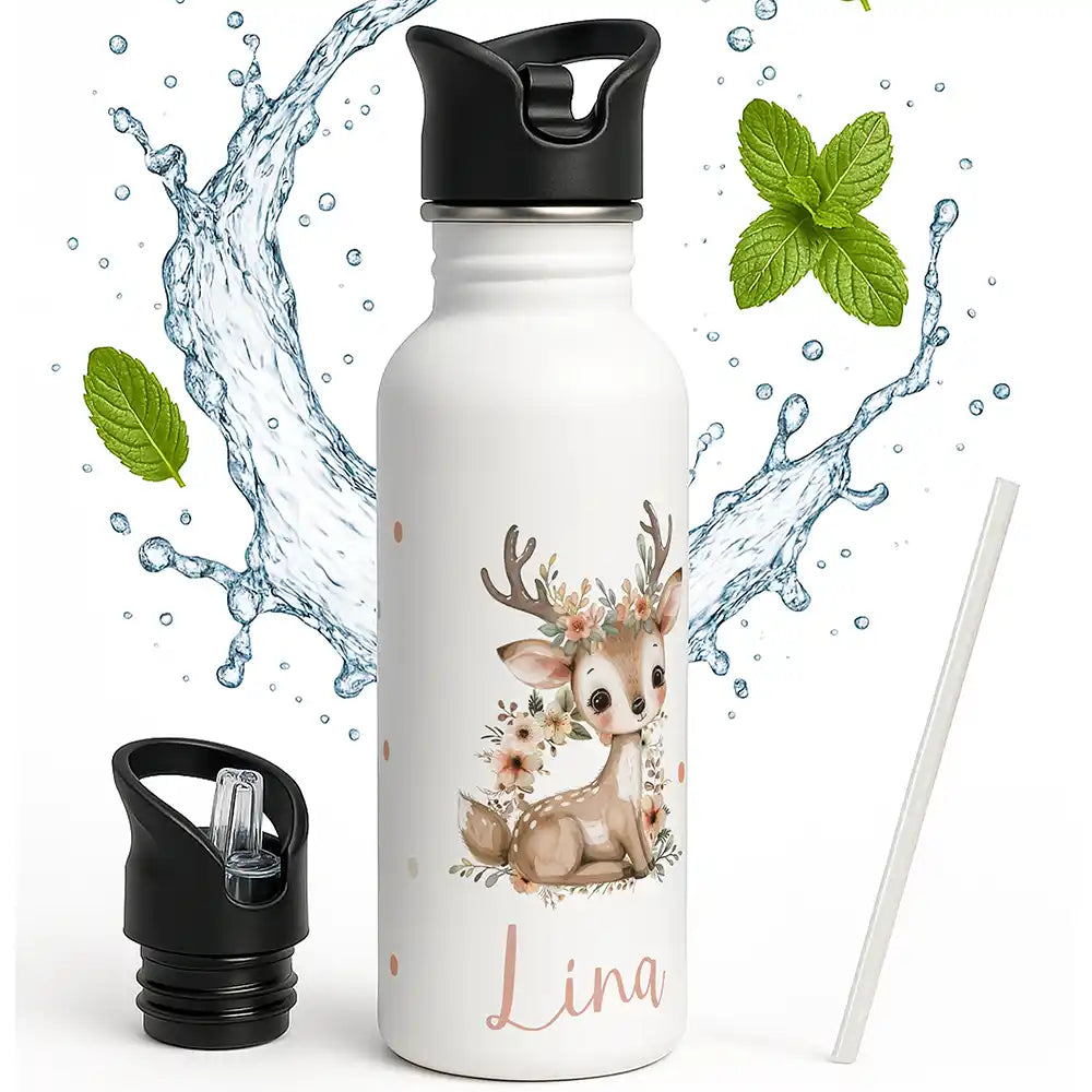 Gourde enfant personnalisée avec paille intégrée, motif Faon fleuri — Kidsmood