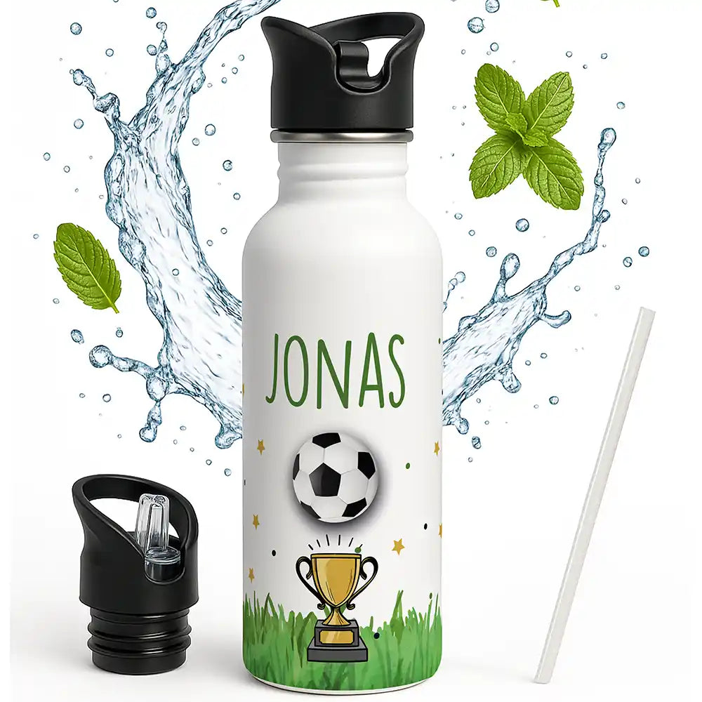 Gourde enfant personnalisée avec paille intégrée, motif Football et trophée — Kidsmood
