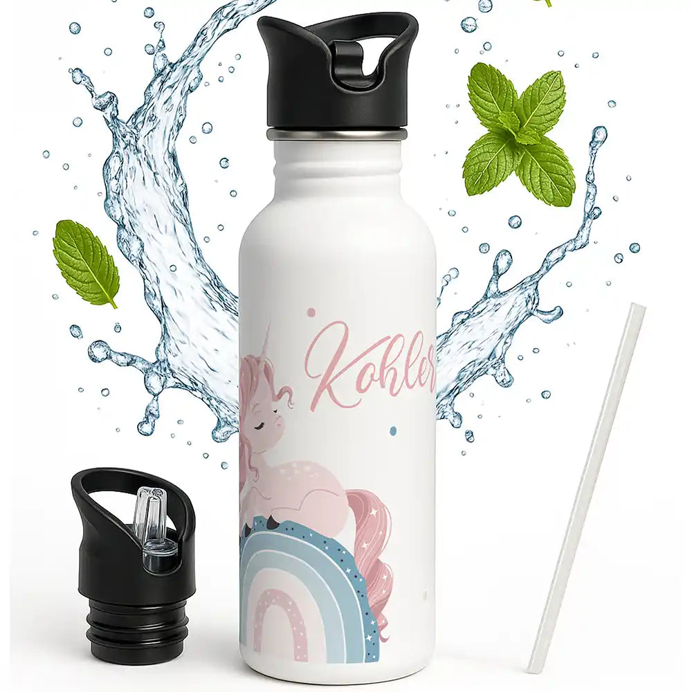Gourde enfant personnalisée avec paille intégrée, motif Licorne sur arc-en-ciel — Kidsmood