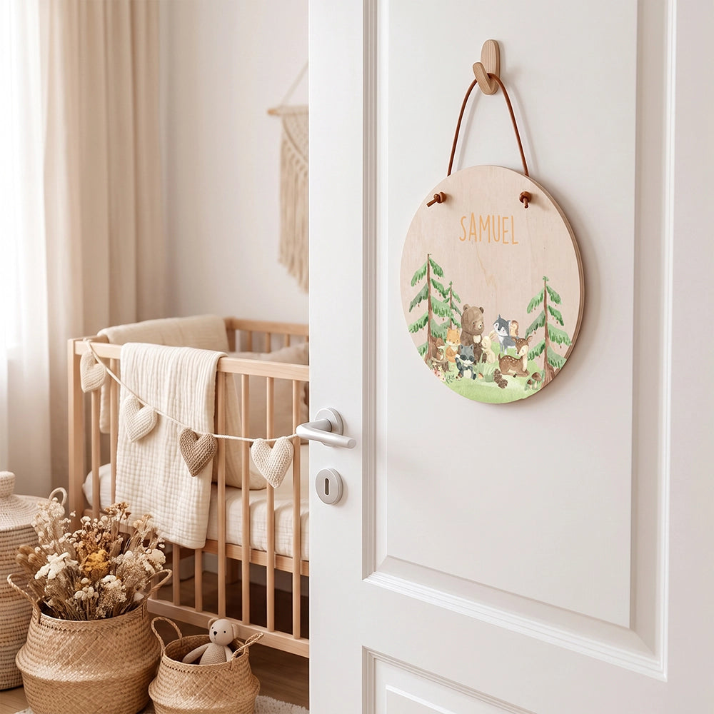 Plaque de porte personnalisée, motif Amis de la forêt — Accrochée à la porte de la chambre | Kidsmood