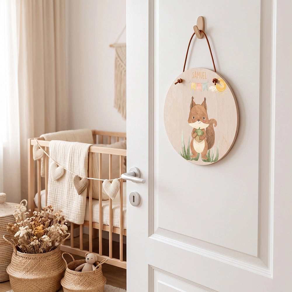 Plaque de porte personnalisée, motif Écureuil et fanions — Accrochée à la porte de la chambre | Kidsmood