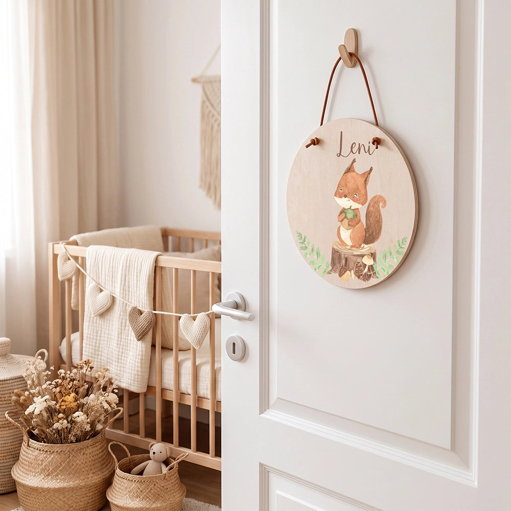 Plaque de porte personnalisée, motif Écureuil et gland — Accrochée à la porte de la chambre | Kidsmood
