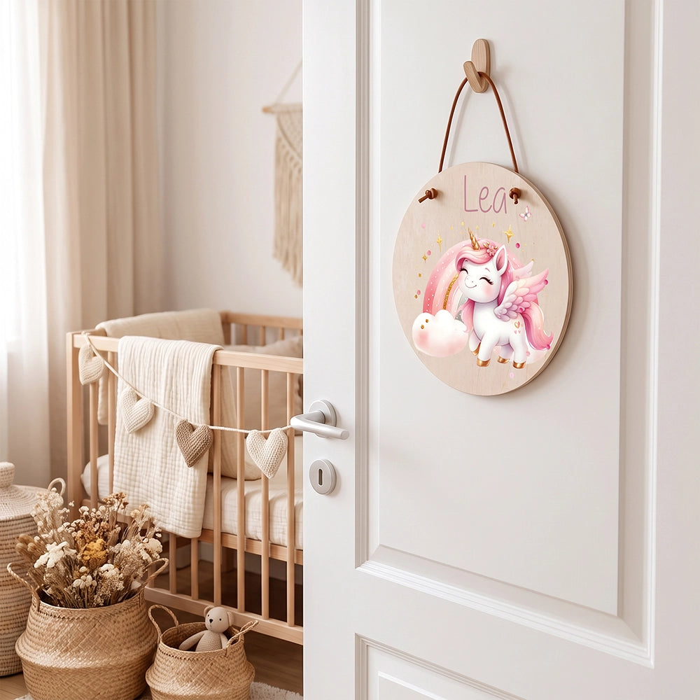 Plaque de porte personnalisée, motif Licorne arc-en-ciel — Accrochée à la porte de la chambre | Kidsmood