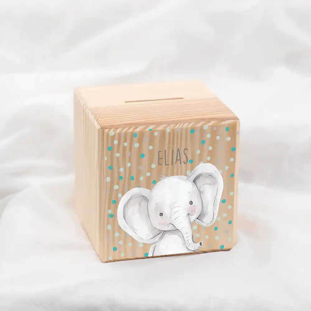 Tirelire en bois personnalisée avec prénom, motif éléphant confettis — Kidsmood