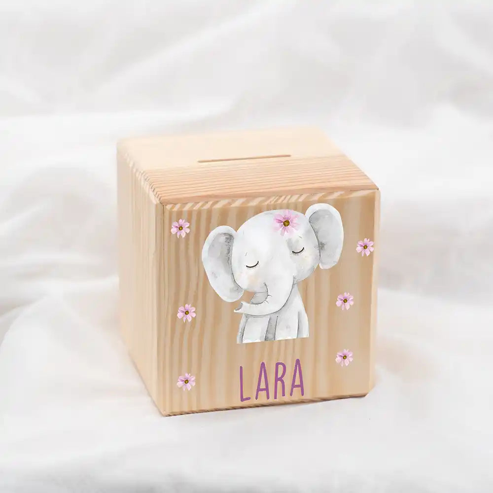Tirelire en bois personnalisée avec prénom, motif éléphant fleuri — Kidsmood
