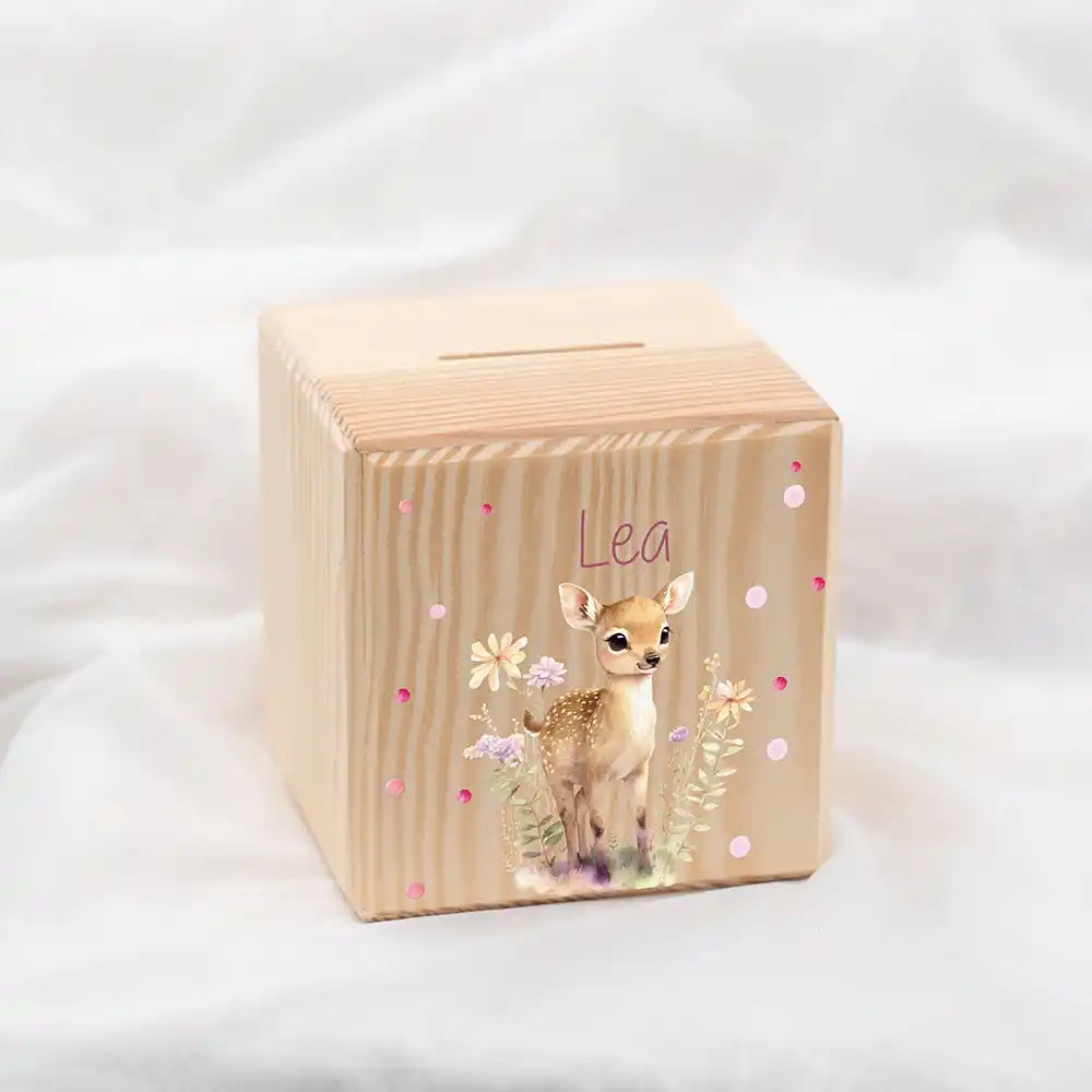 Tirelire en bois personnalisée avec prénom, motif faon des prés — Kidsmood