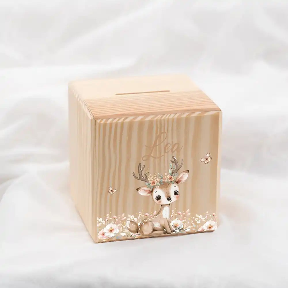 Tirelire en bois personnalisée avec prénom, motif faon et papillons — Kidsmood