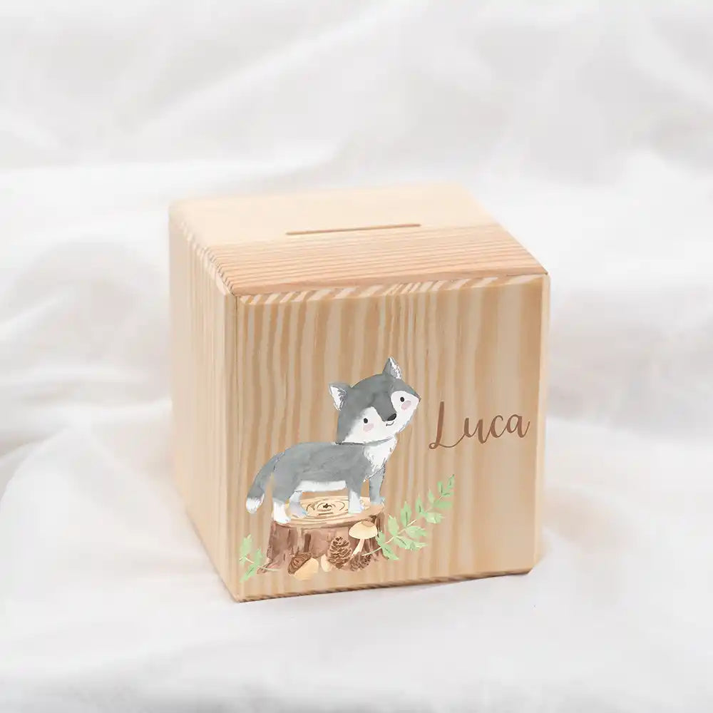 Tirelire en bois personnalisée avec prénom, motif loup — Kidsmood