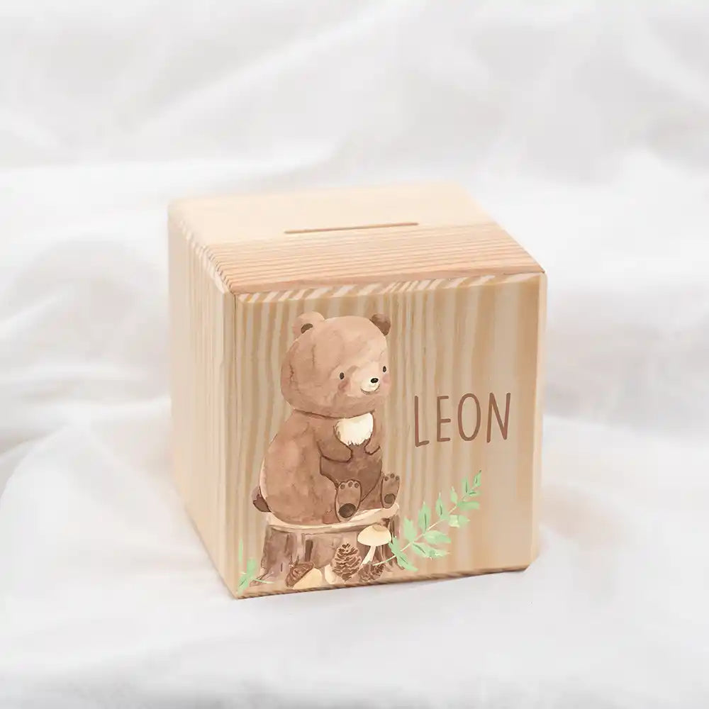 Tirelire en bois personnalisée avec prénom, motif ours des bois — Kidsmood