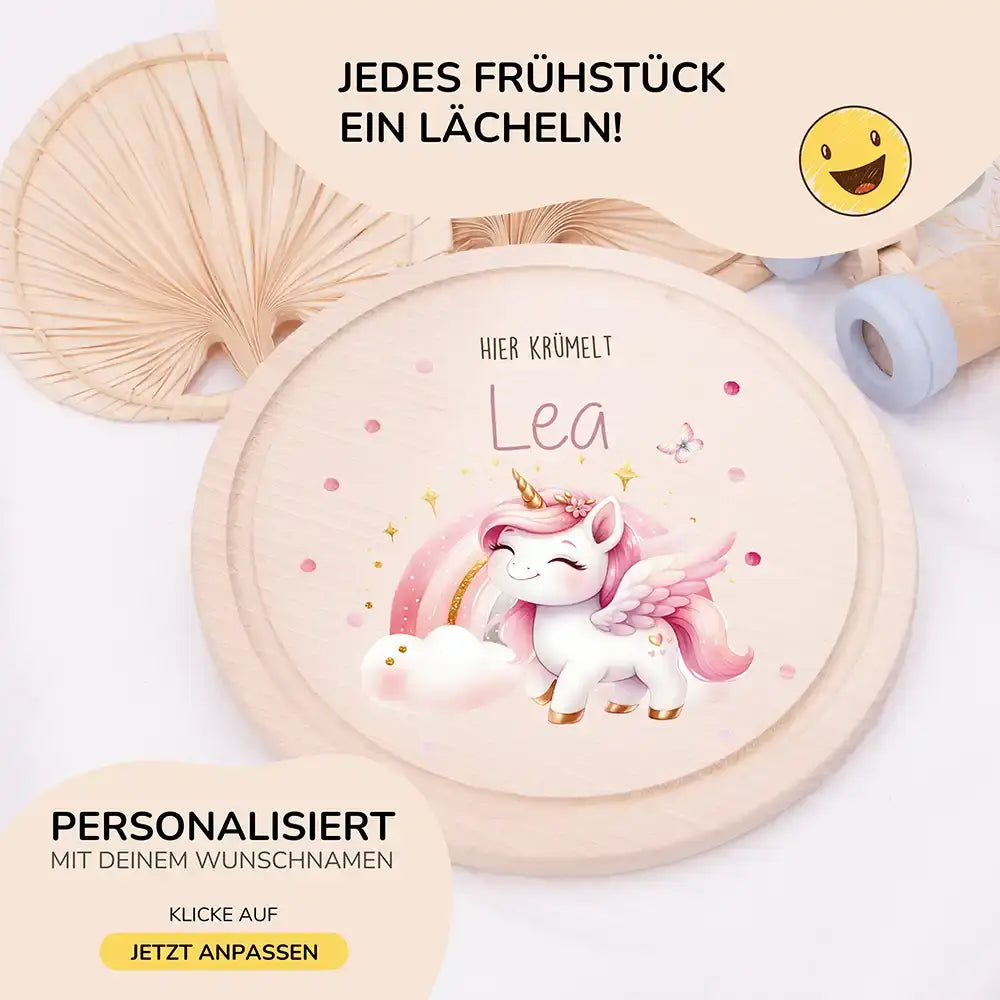 Rundes personalisiertes Frühstücksbrettchen Einhorn mit Namen für Kinder