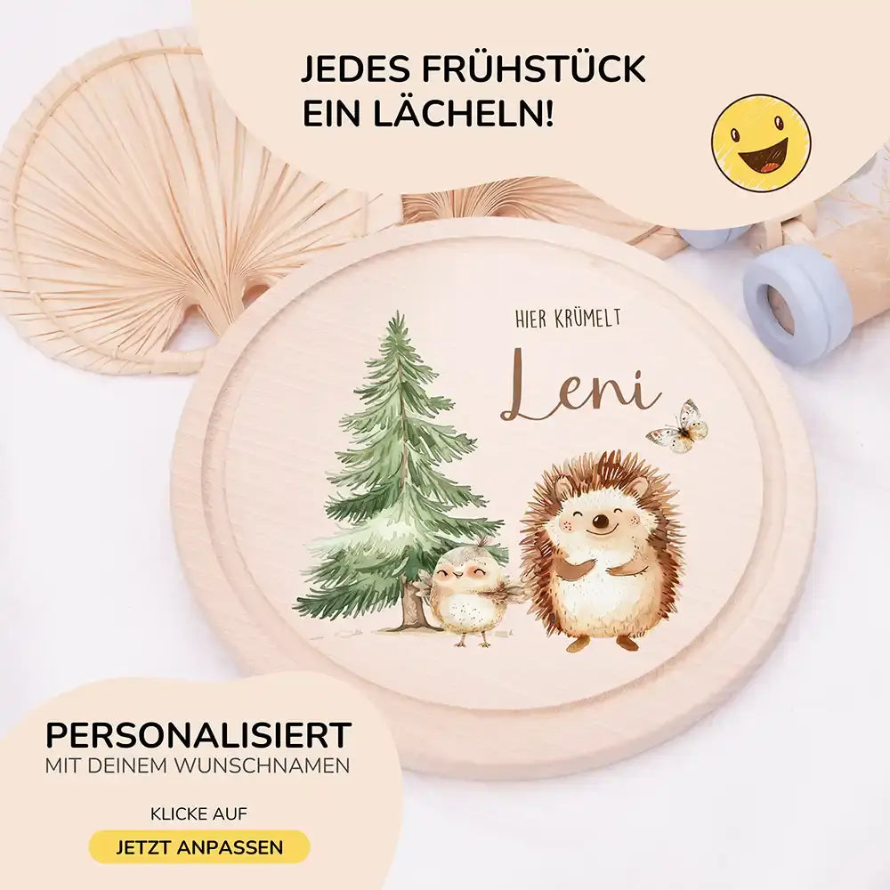 Rundes personalisiertes Frühstücksbrettchen Igel mit Namen für Kinder
