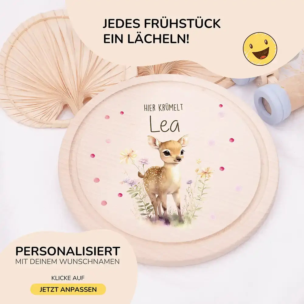 Rundes personalisiertes Frühstücksbrettchen Reh mit Namen für Kinder