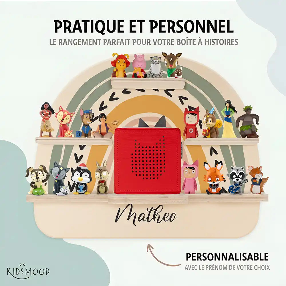 Étagère Toniebox personnalisée Arc-en-ciel 1 – rangement pratique et personnalisé pour les figurines