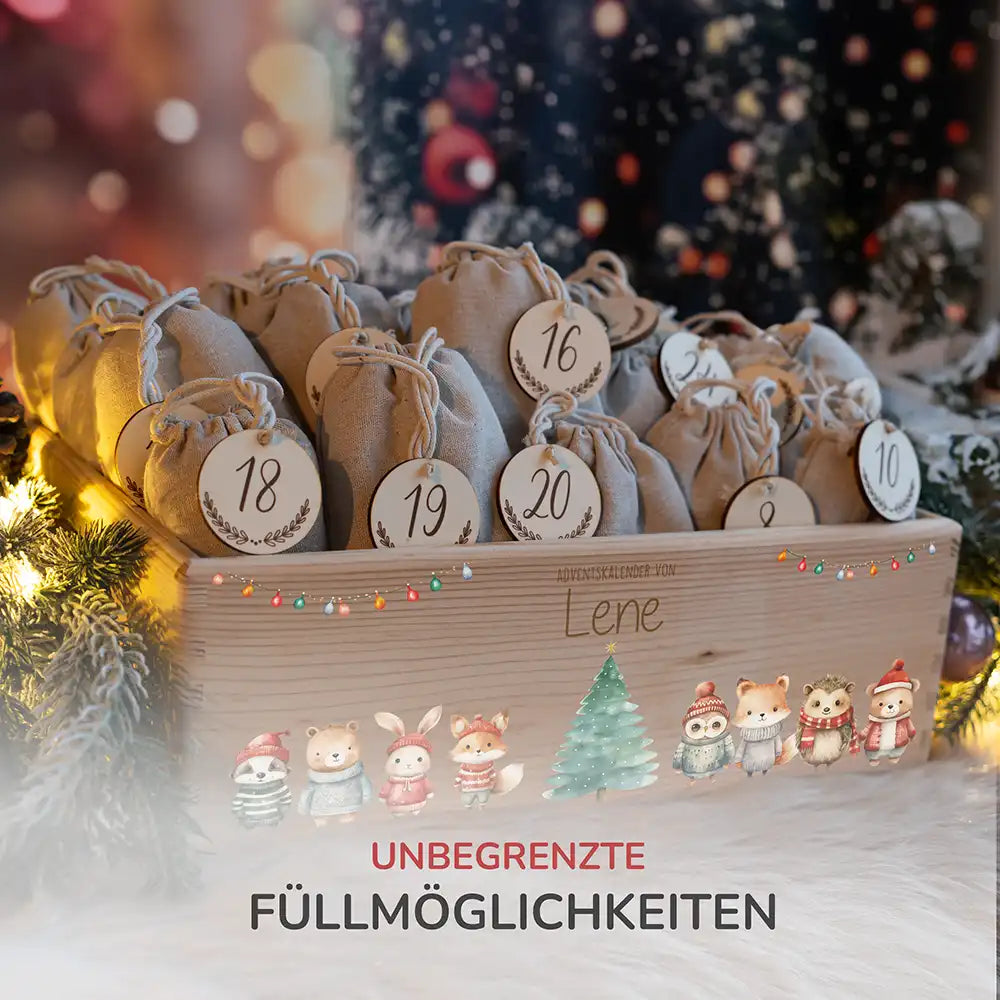 Adventskalender zum befüllen "Weihnachten mit Tieren und Lichterkette" personalisiert
