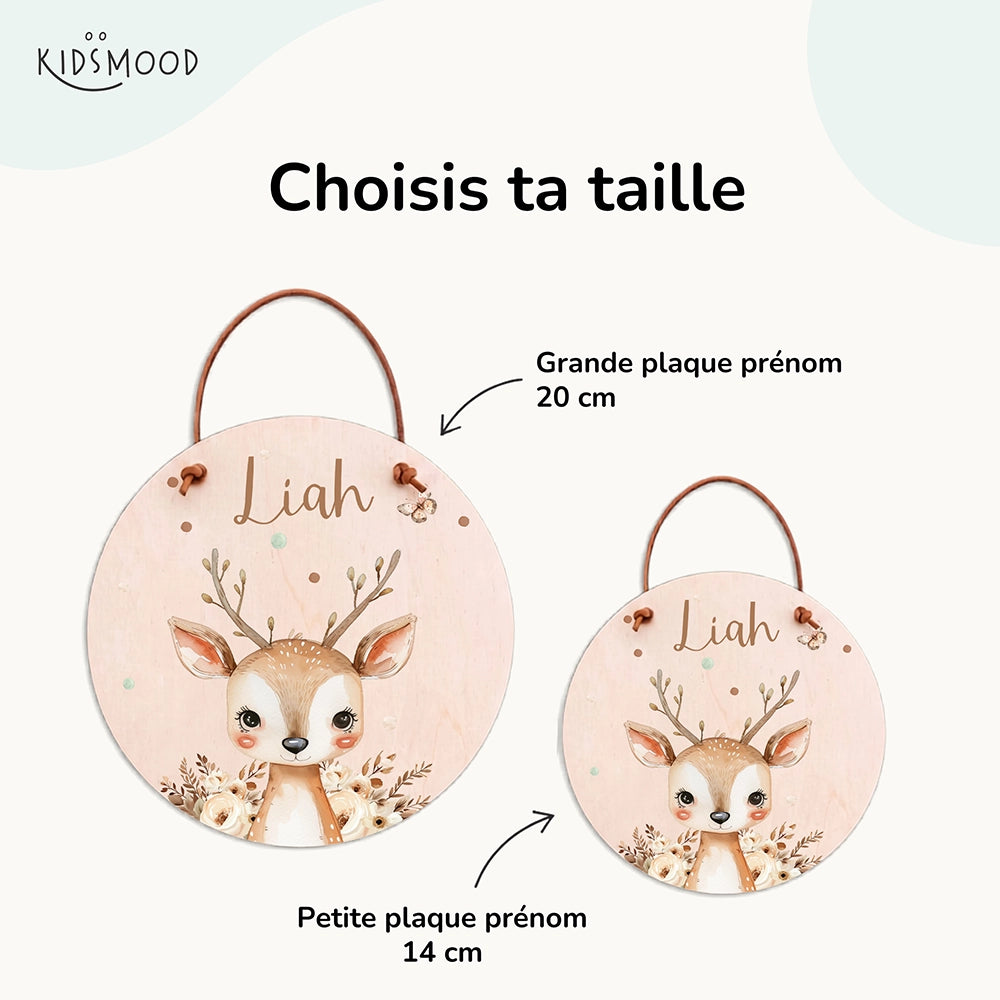Plaque de porte personnalisée, motif Cerf et fleurs — Les deux tailles au choix | Kidsmood