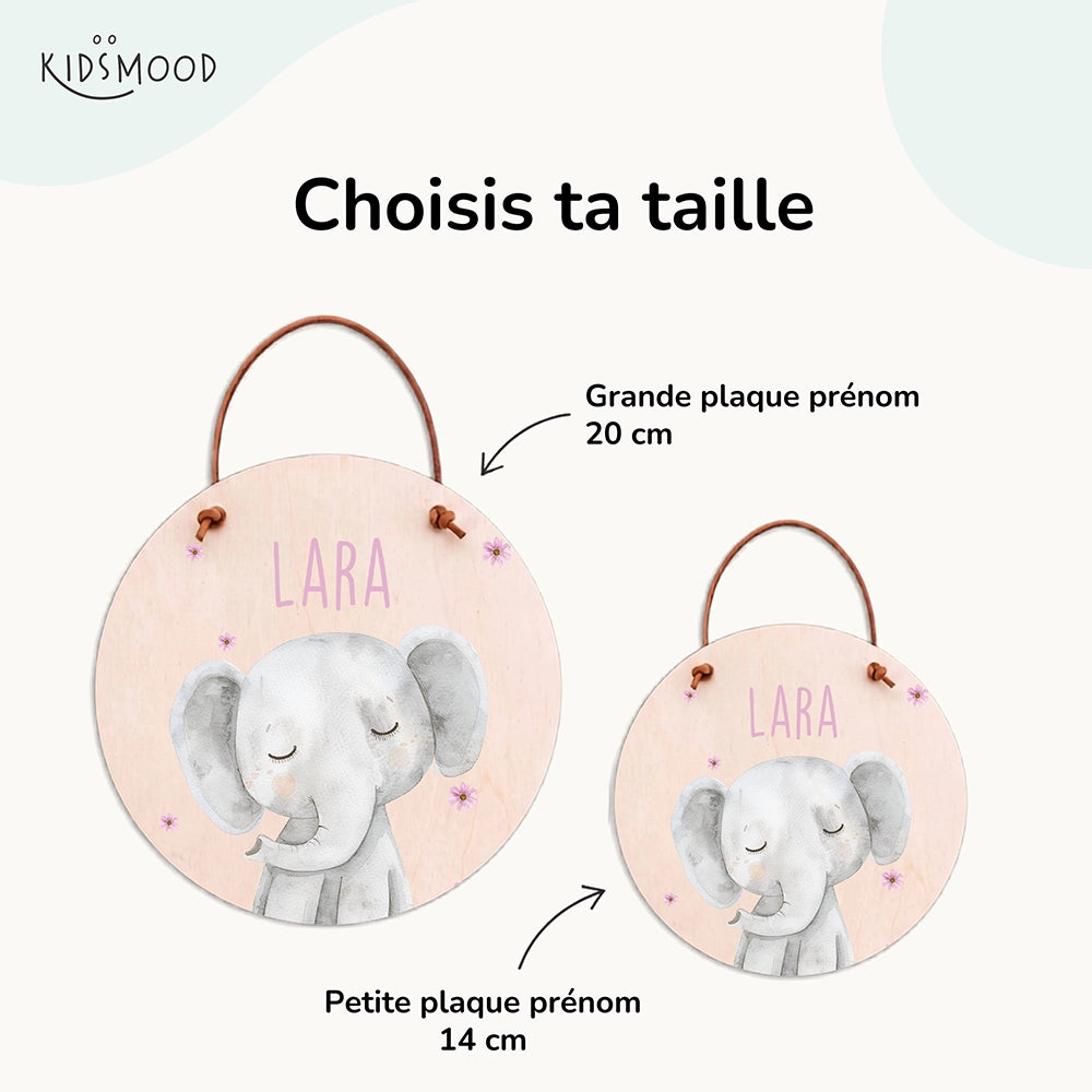 Plaque de porte personnalisée, motif Éléphant et fleurs — Les deux tailles au choix | Kidsmood