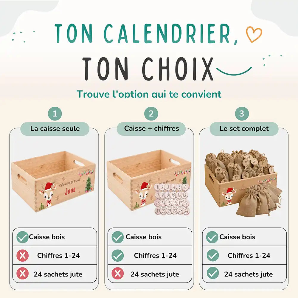 Calendrier de l'avent personnalisé, motif Faon en bonnet — Les trois compositions au choix | Kidsmood