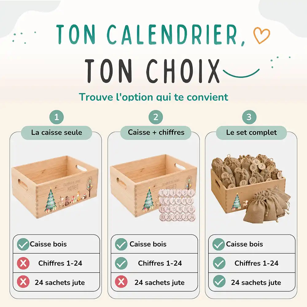 Calendrier de l'avent personnalisé, motif Faon et cadeaux — Les trois compositions au choix | Kidsmood