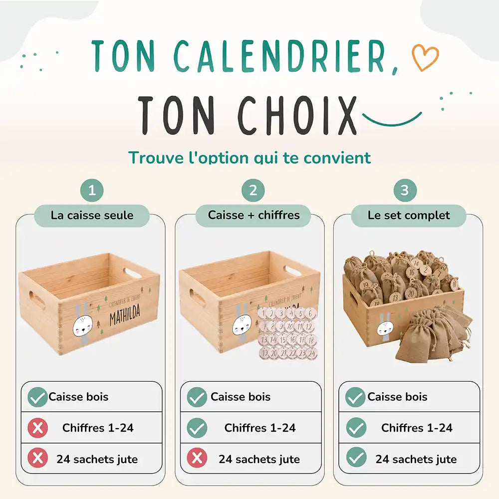 Calendrier de l'avent personnalisé, motif Lapin blanc — Les trois compositions au choix | Kidsmood