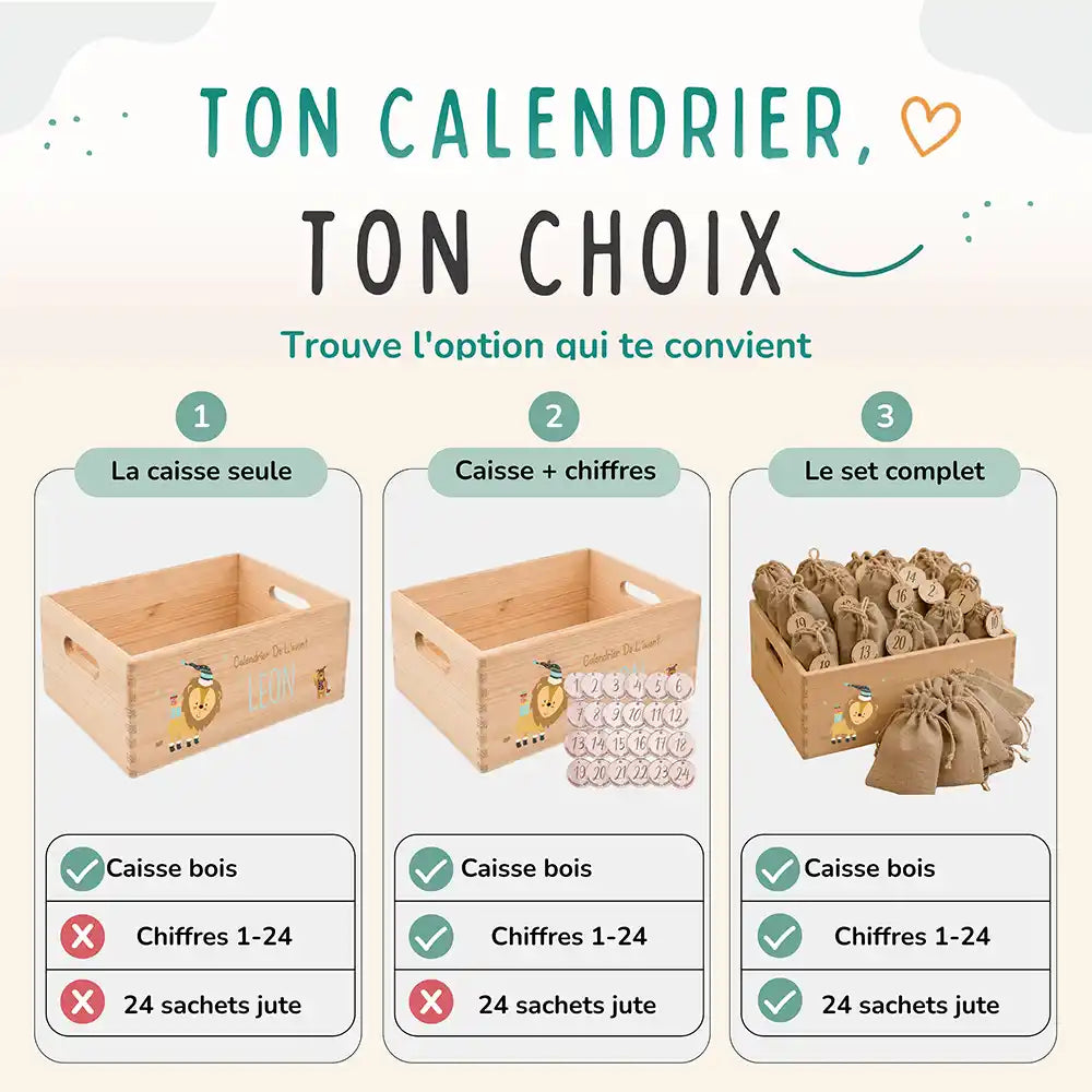 Calendrier de l'avent personnalisé, motif Lion et cadeaux — Les trois compositions au choix | Kidsmood