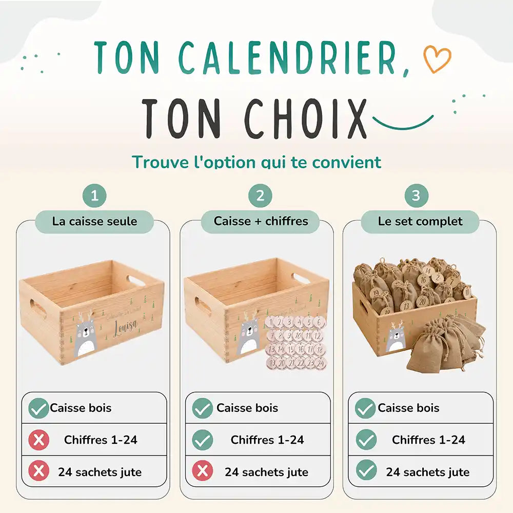 Calendrier de l'avent personnalisé, motif Ours gris — Les trois compositions au choix | Kidsmood