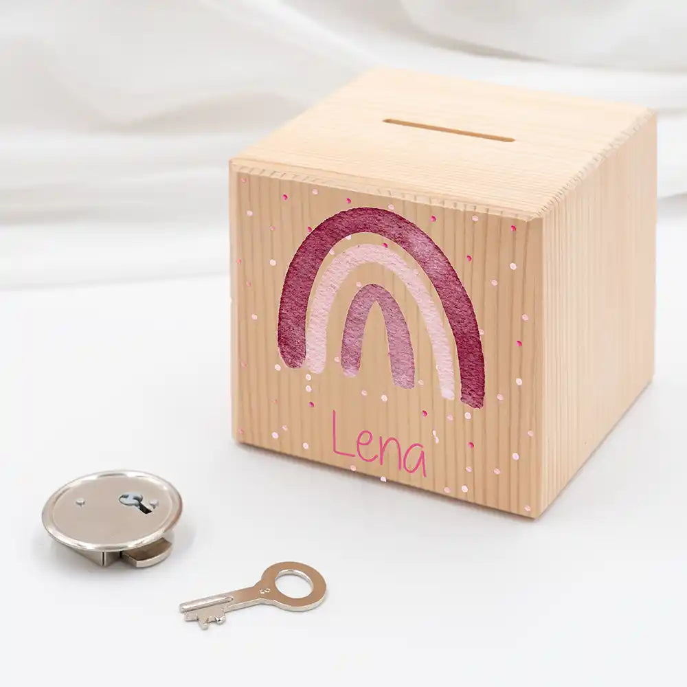 Tirelire personnalisée enfant, idée cadeau de naissance, motif arc-en-ciel — Kidsmood