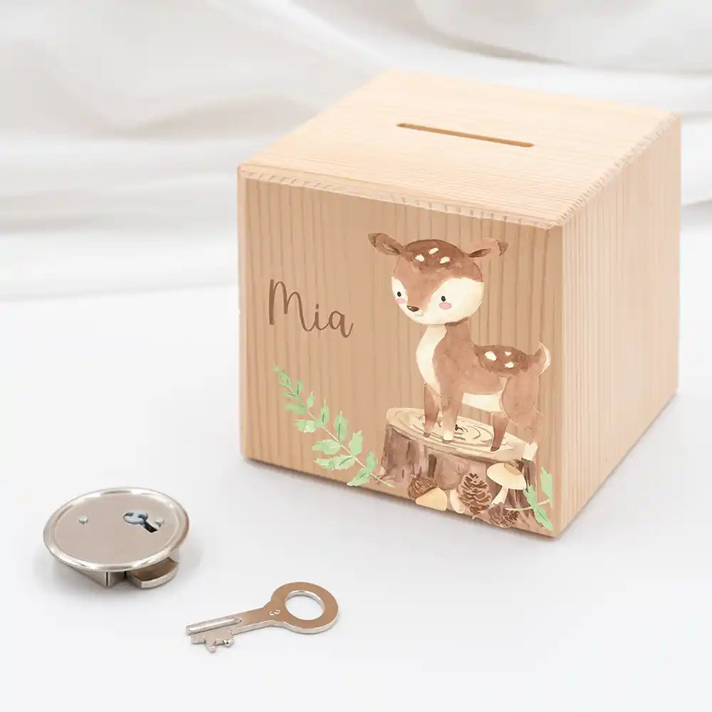 Tirelire personnalisée enfant, idée cadeau de naissance, motif biche et faon — Kidsmood